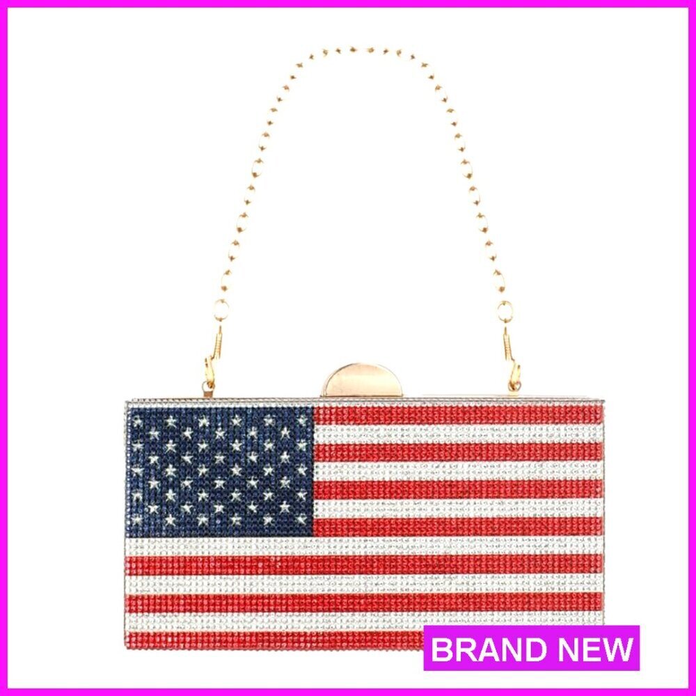 Rhinestone Evening Clutch Bag Crossbody Strap Patriotic Formal Event Wear